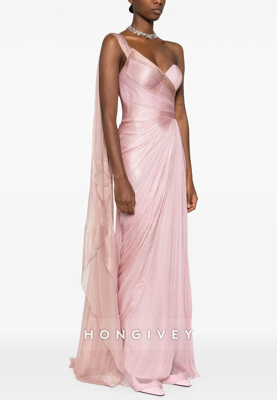 Pale Blush One Shoulder Side Draping Sheath Ruched Floor-Length Evening Gowns