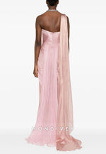 Pale Blush One Shoulder Side Draping Sheath Ruched Floor-Length Evening Gowns