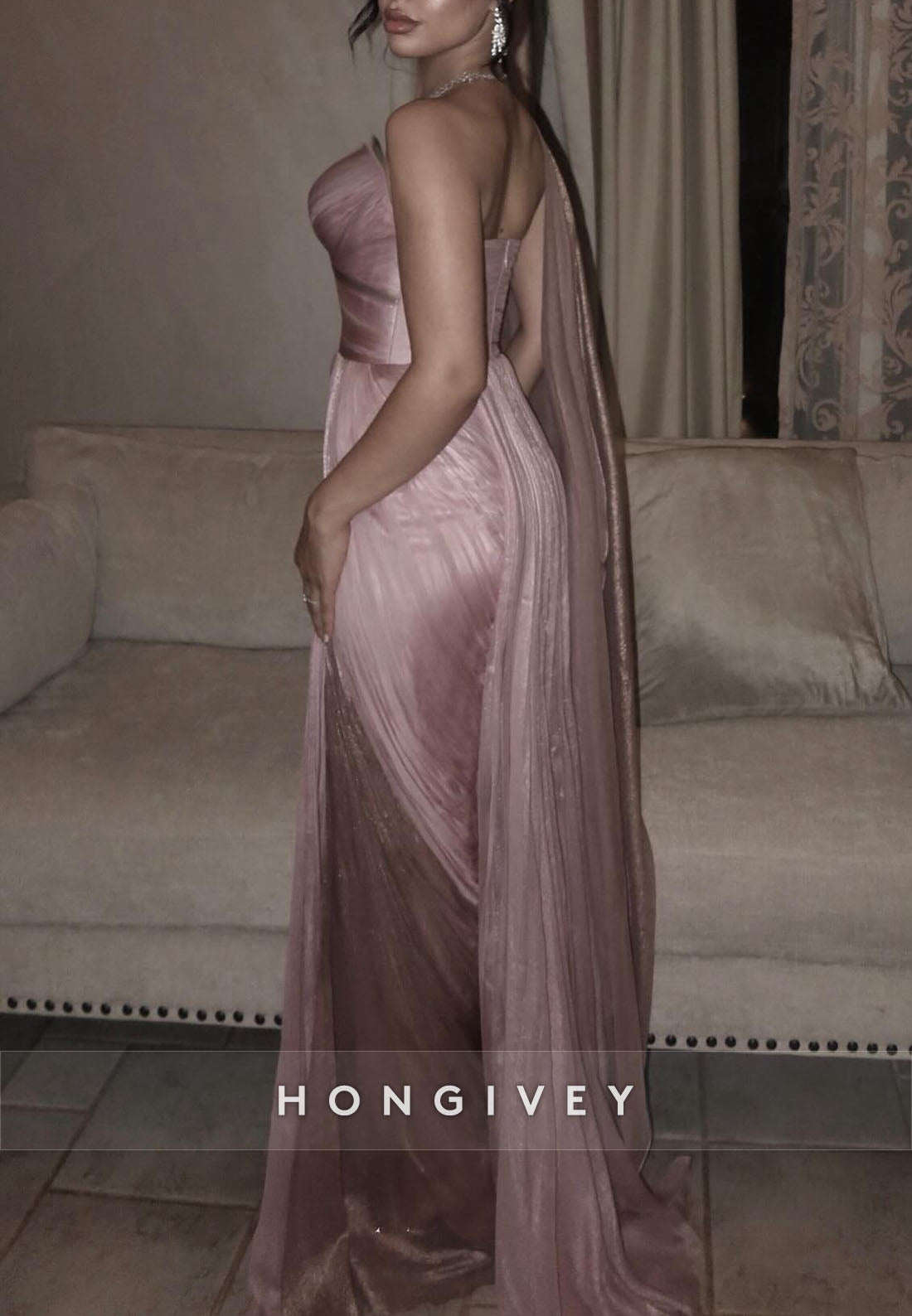 Pale Blush One Shoulder Side Draping Sheath Ruched Floor-Length Evening Gowns