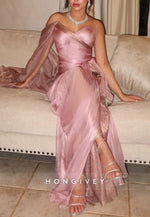 Pale Blush One Shoulder Side Draping Sheath Ruched Floor-Length Evening Gowns