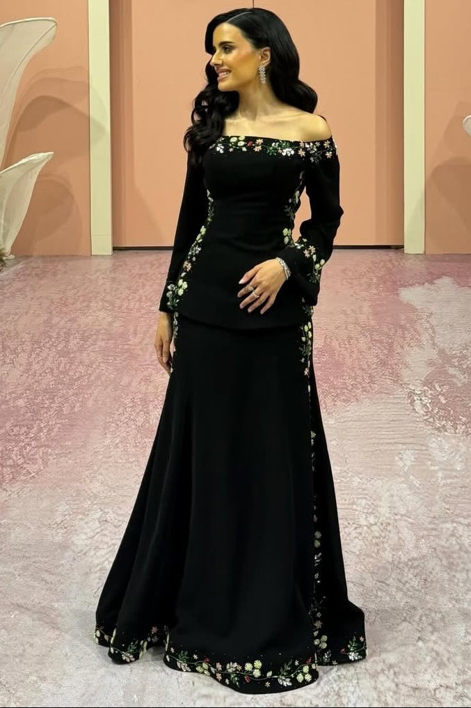 Black Off the Shoulder Flowers Applique Long Sleeve Formal Evening Dress