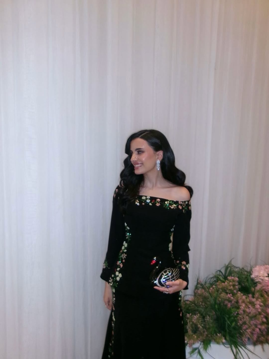 Black Off the Shoulder Flowers Applique Long Sleeve Formal Evening Dress