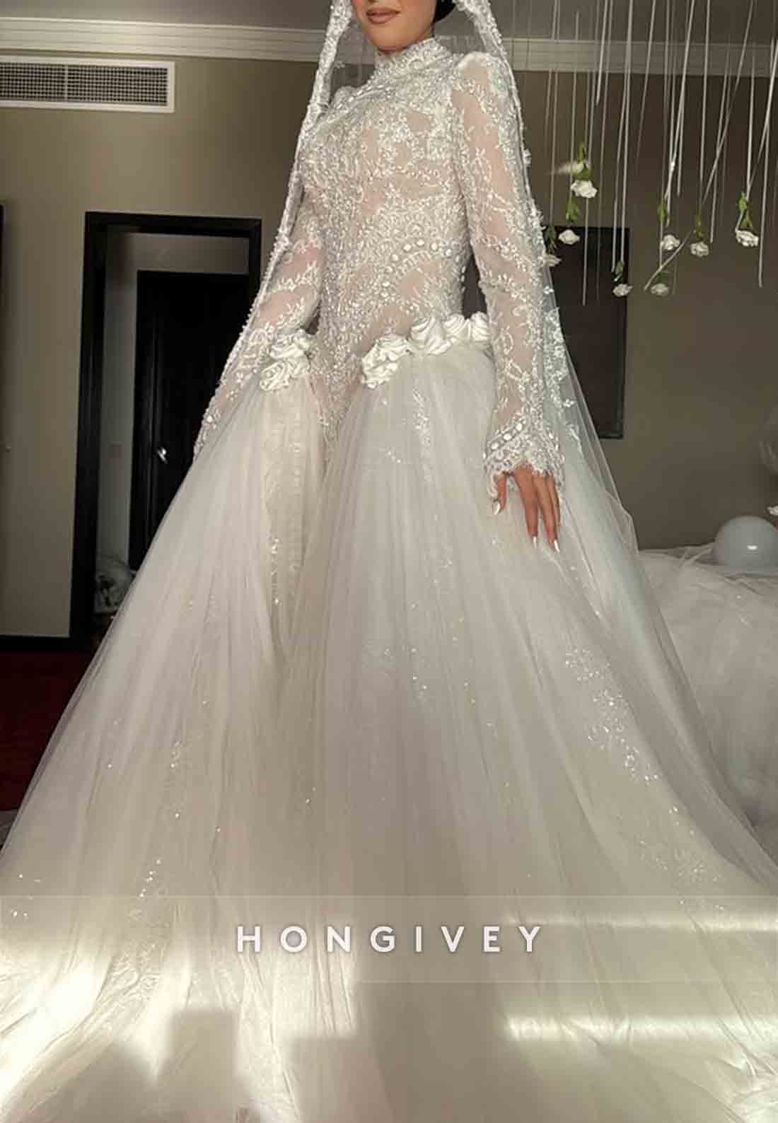 Tulle High Neck Long Sleeves Bridal Gown Beaded Lace Wedding Dresses with 3D Flowers