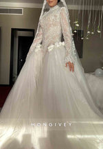 Tulle High Neck Long Sleeves Bridal Gown Beaded Lace Wedding Dresses with 3D Flowers