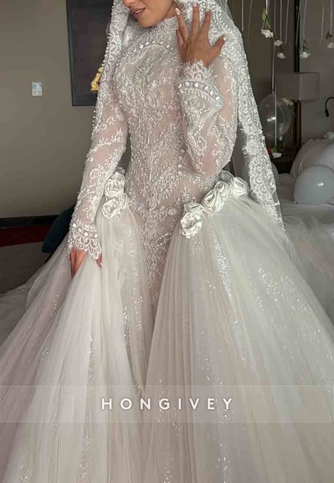 Tulle High Neck Long Sleeves Bridal Gown Beaded Lace Wedding Dresses with 3D Flowers