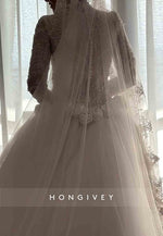 Tulle High Neck Long Sleeves Bridal Gown Beaded Lace Wedding Dresses with 3D Flowers