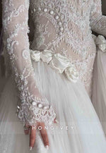 Tulle High Neck Long Sleeves Bridal Gown Beaded Lace Wedding Dresses with 3D Flowers