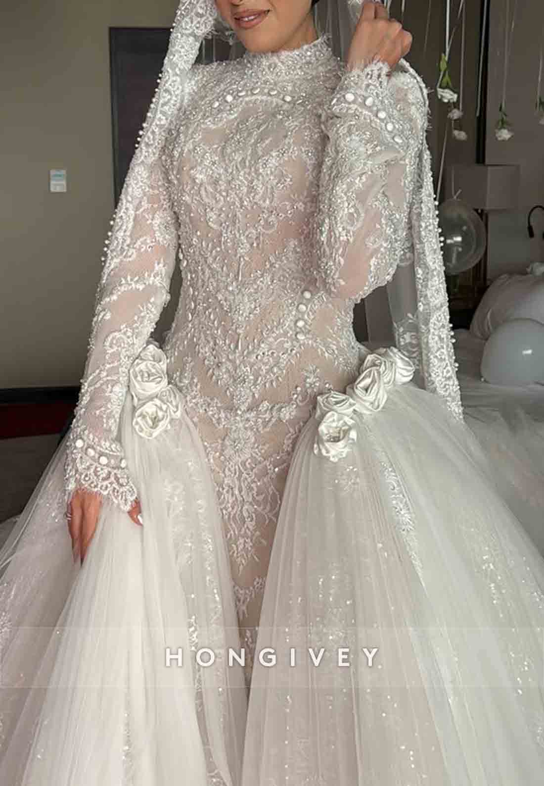 Tulle High Neck Long Sleeves Bridal Gown Beaded Lace Wedding Dresses with 3D Flowers