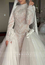 Tulle High Neck Long Sleeves Bridal Gown Beaded Lace Wedding Dresses with 3D Flowers