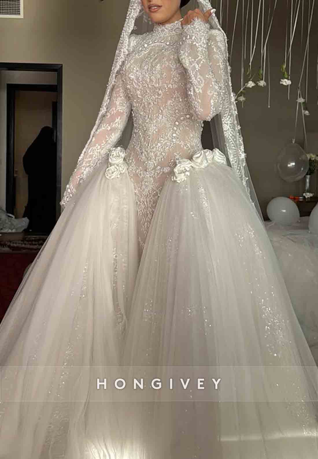 Tulle High Neck Long Sleeves Bridal Gown Beaded Lace Wedding Dresses with 3D Flowers