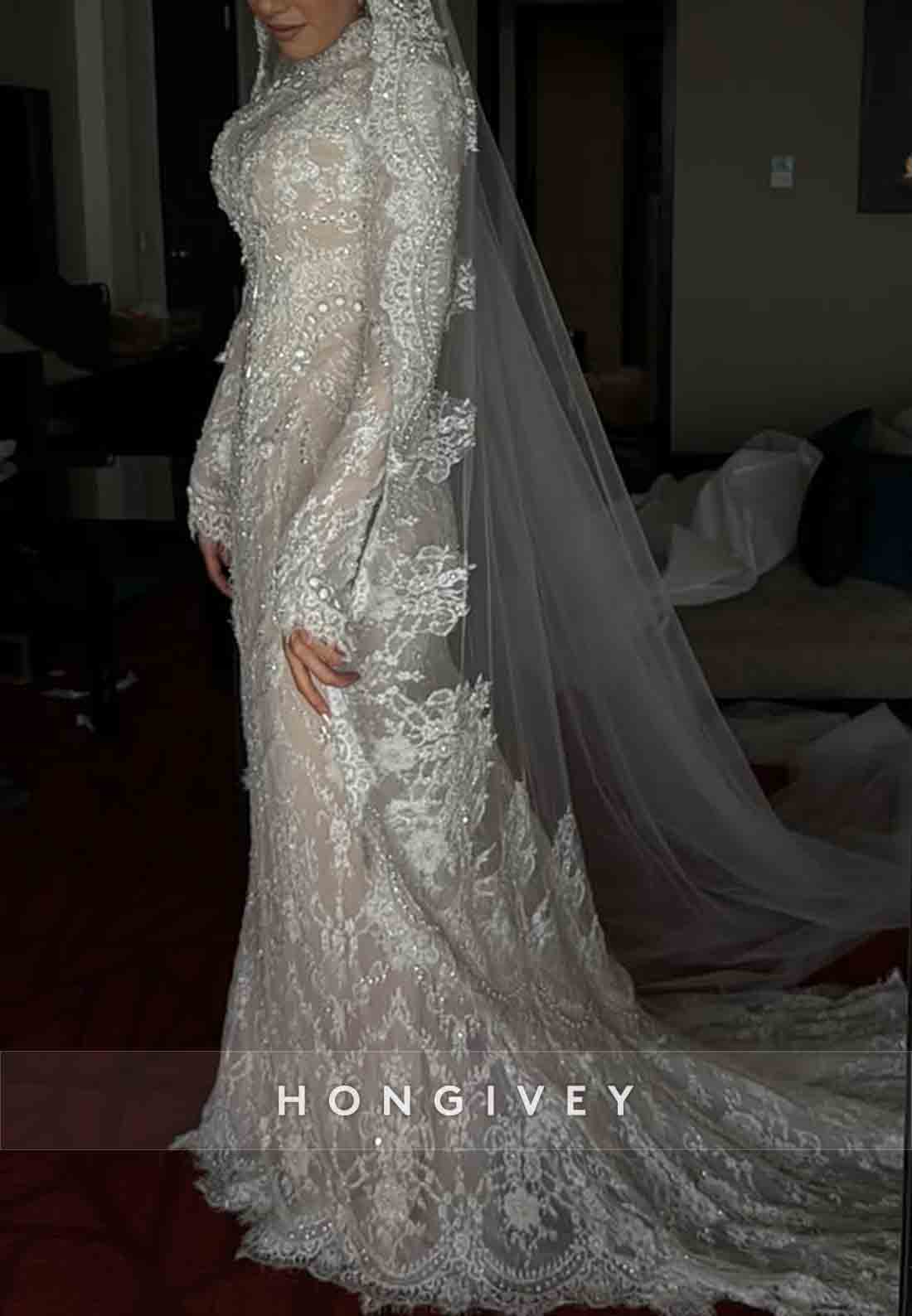 Tulle High Neck Long Sleeves Bridal Gown Beaded Lace Wedding Dresses with 3D Flowers