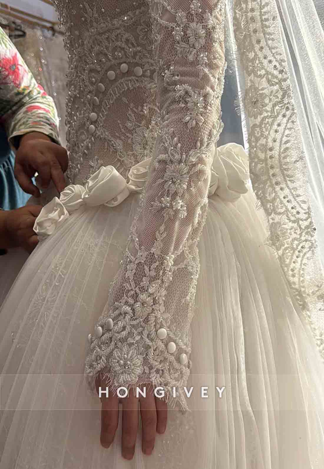 Tulle High Neck Long Sleeves Bridal Gown Beaded Lace Wedding Dresses with 3D Flowers