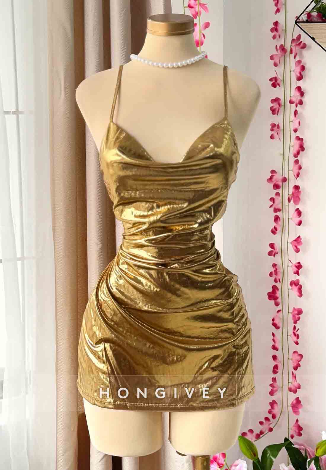 Spaghetti Straps Cowl Neck Sheath Sleeveless Pleated Short Homecoming Dresses