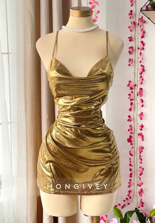 Spaghetti Straps Cowl Neck Sheath Sleeveless Pleated Short Homecoming Dresses