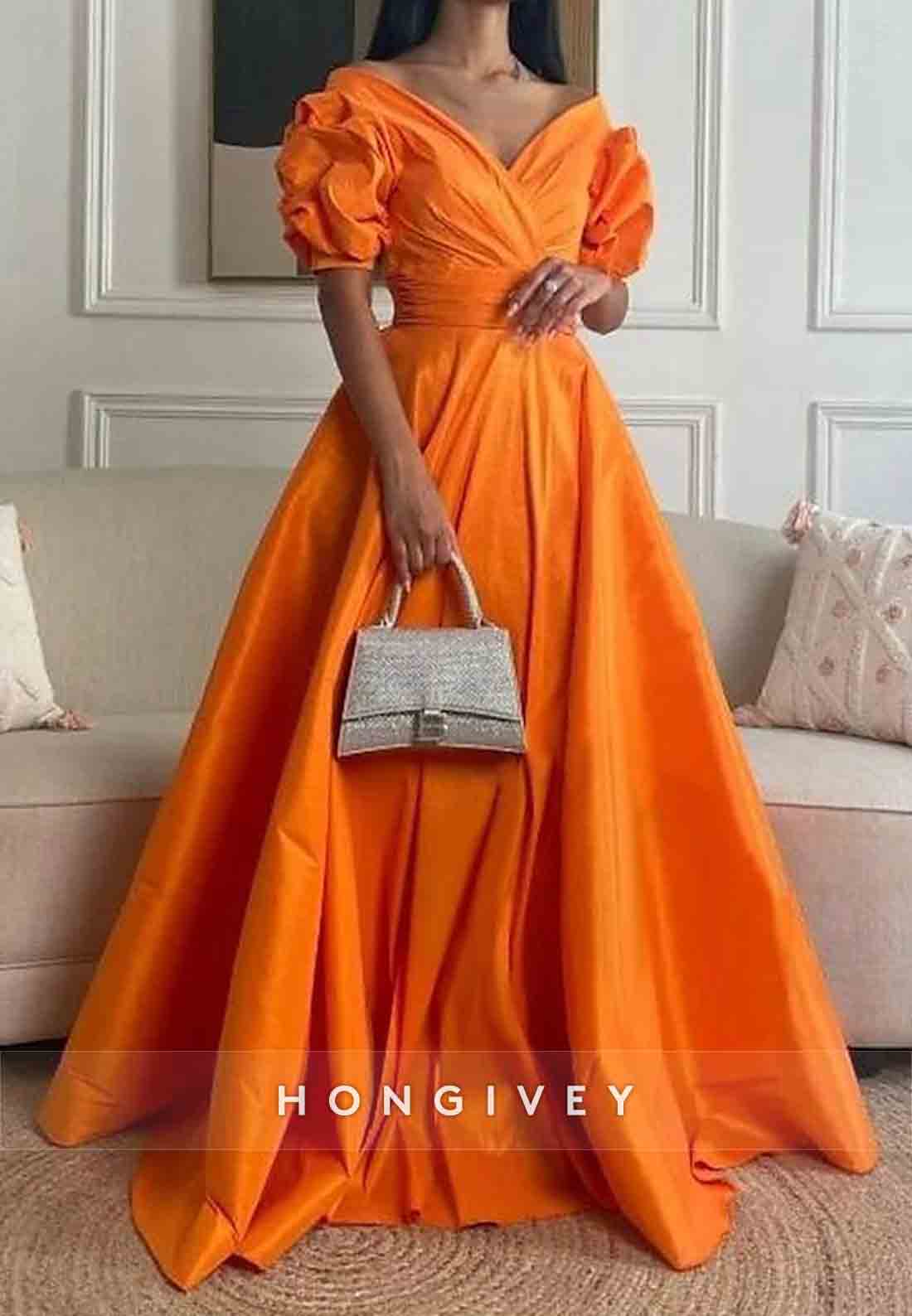 Off the Shoulder V-Neck Floor-Length Satin Short Sleeves Princess Evening Gown