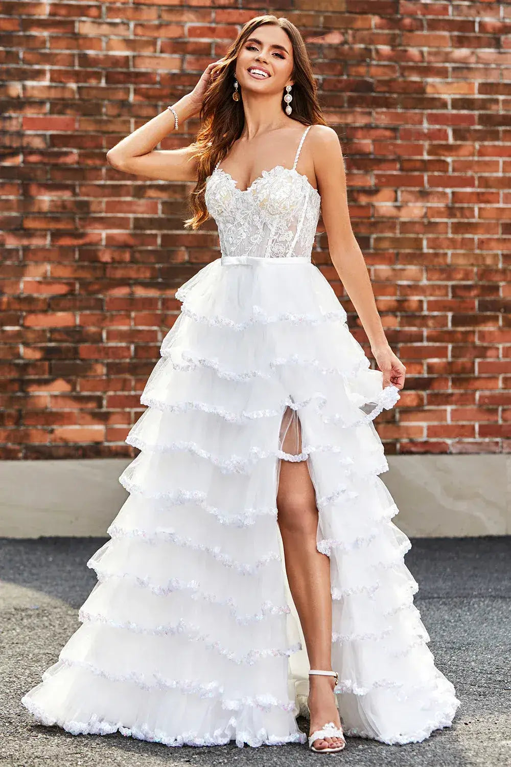 A-Line White Corset Tiered Prom Dress With Sequin Ruffle Skirt
