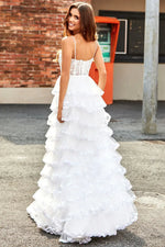 A-Line White Corset Tiered Prom Dress With Sequin Ruffle Skirt
