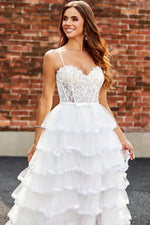 A-Line White Corset Tiered Prom Dress With Sequin Ruffle Skirt
