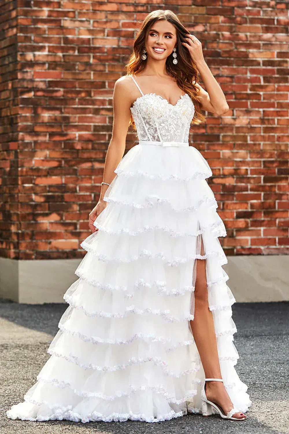 A-Line White Corset Tiered Prom Dress With Sequin Ruffle Skirt