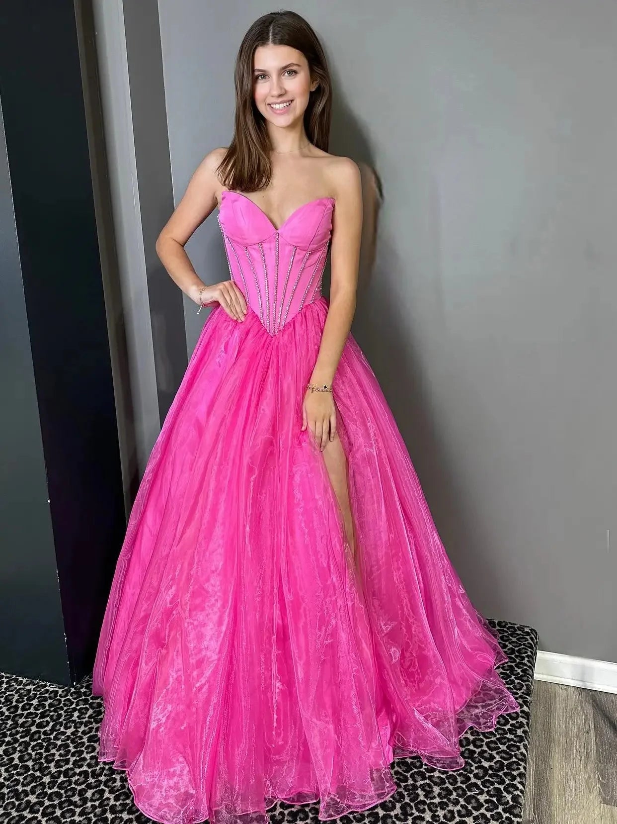 Tiffany Blue Organza Prom Dress with Slit Sweetheart Neckline Boned