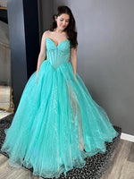 Tiffany Blue Organza Prom Dress with Slit Sweetheart Neckline Boned