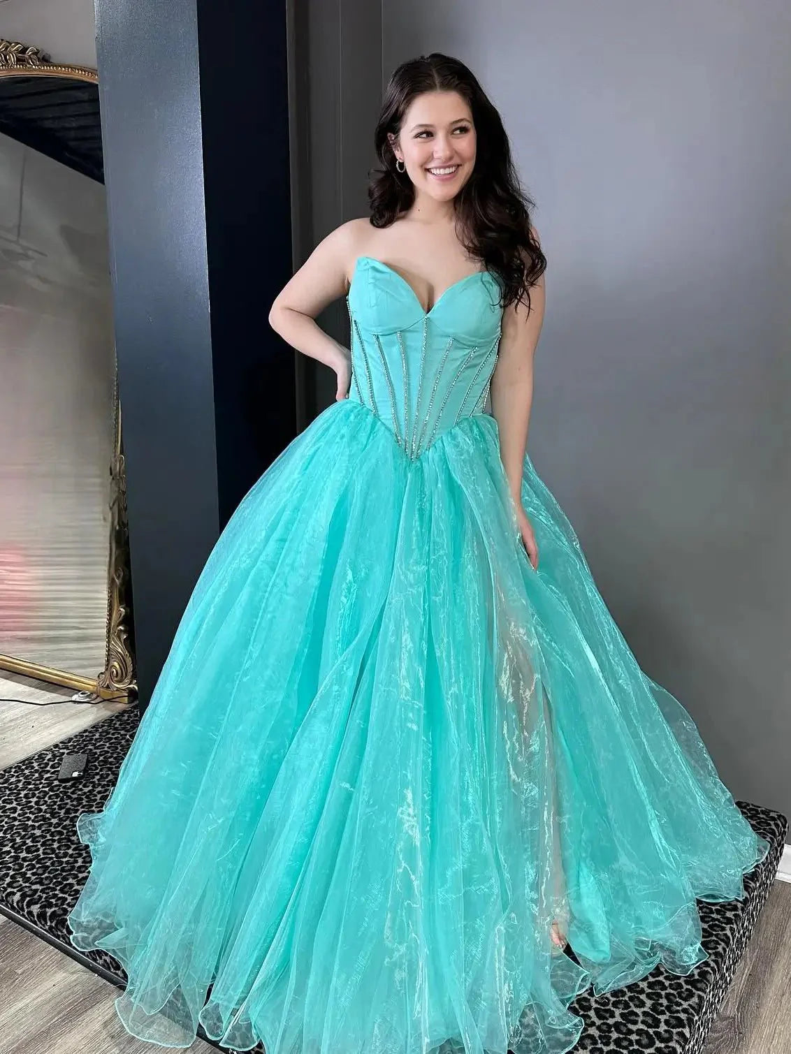 Tiffany Blue Organza Prom Dress with Slit Sweetheart Neckline Boned