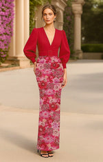 V-Neck Long Sleeve Flowers Floral Print Mermaid Evening Dress