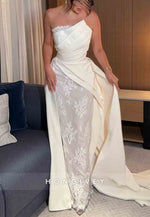 Sheath Strapless Pleated Sleeveless Floor-Length Lace Evening Gowns