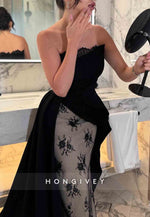 Elegant Floral Lace Strapless Column Floor-Length Evening Gowns