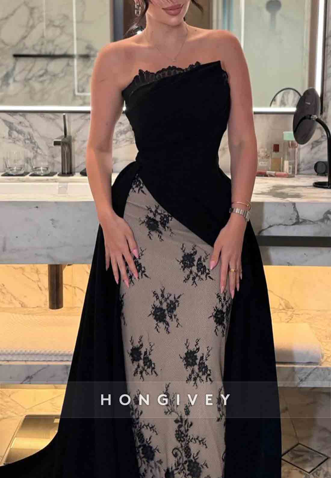 Elegant Floral Lace Strapless Column Floor-Length Evening Gowns