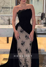 Elegant Floral Lace Strapless Column Floor-Length Evening Gowns