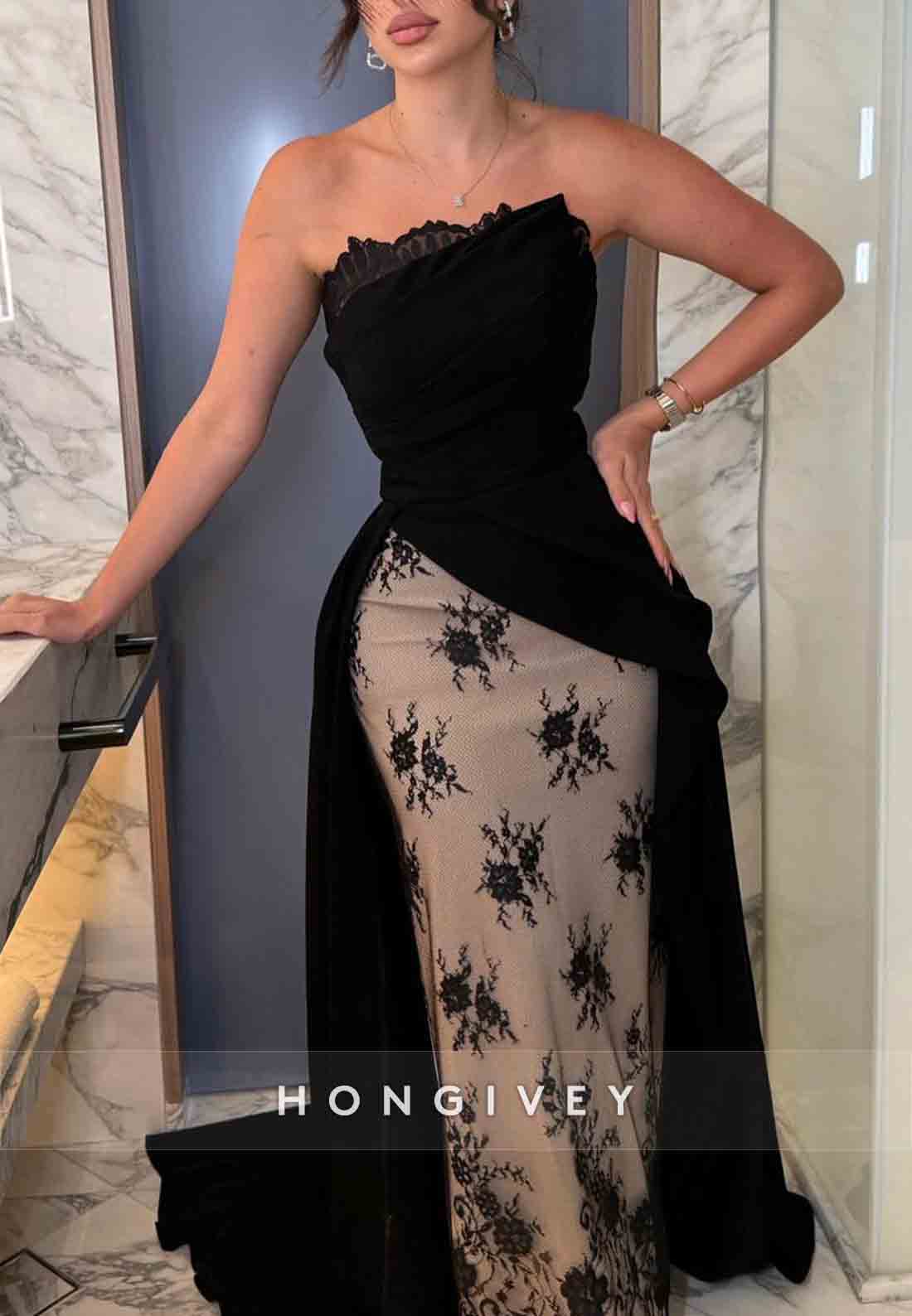 Elegant Floral Lace Strapless Column Floor-Length Evening Gowns