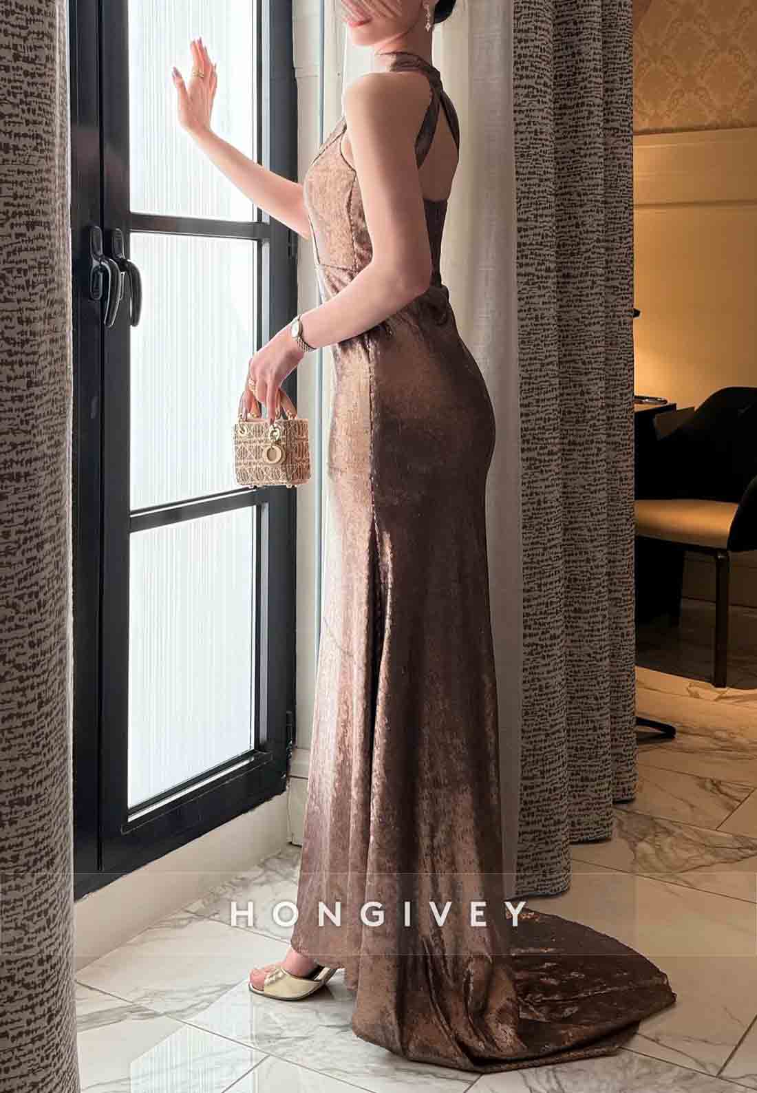 Elegant Halter Shawl Sleeveless Trumpet Asymmetrical Evening Gowns