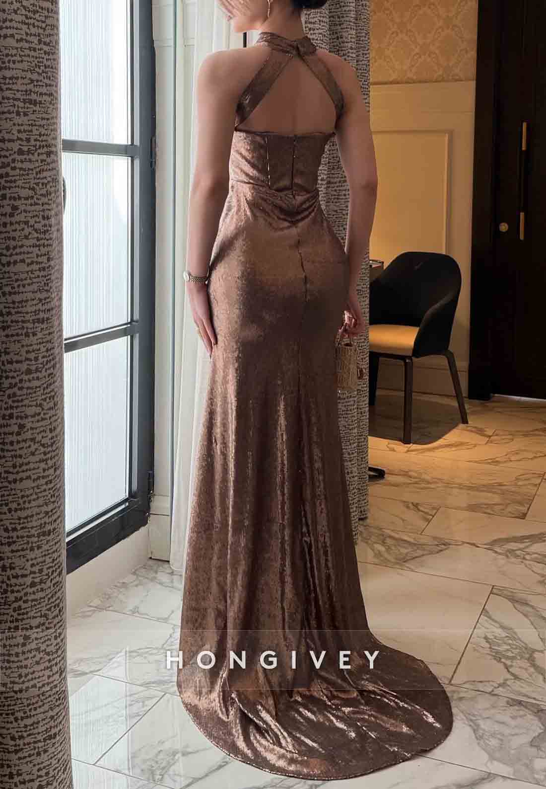 Elegant Halter Shawl Sleeveless Trumpet Asymmetrical Evening Gowns