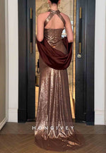 Elegant Halter Shawl Sleeveless Trumpet Asymmetrical Evening Gowns