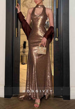 Elegant Halter Shawl Sleeveless Trumpet Asymmetrical Evening Gowns