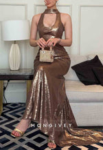 Elegant Halter Shawl Sleeveless Trumpet Asymmetrical Evening Gowns