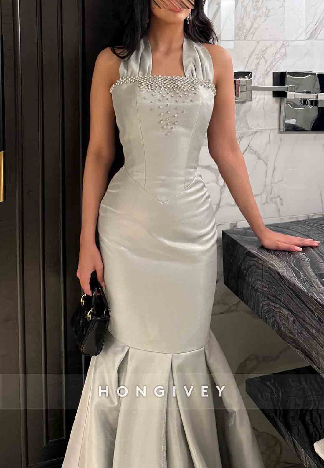 Elegant Sleeveless Silver Floor-Length Mermaid Evening Gowns with Rhinestone