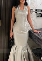 Elegant Sleeveless Silver Floor-Length Mermaid Evening Gowns with Rhinestone