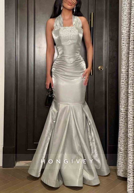 Elegant Sleeveless Silver Floor-Length Mermaid Evening Gowns with Rhinestone