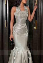 Elegant Sleeveless Silver Floor-Length Mermaid Evening Gowns with Rhinestone