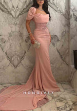 Short Sleeves Pink Court Train Pleated Trumpet Evening Gowns