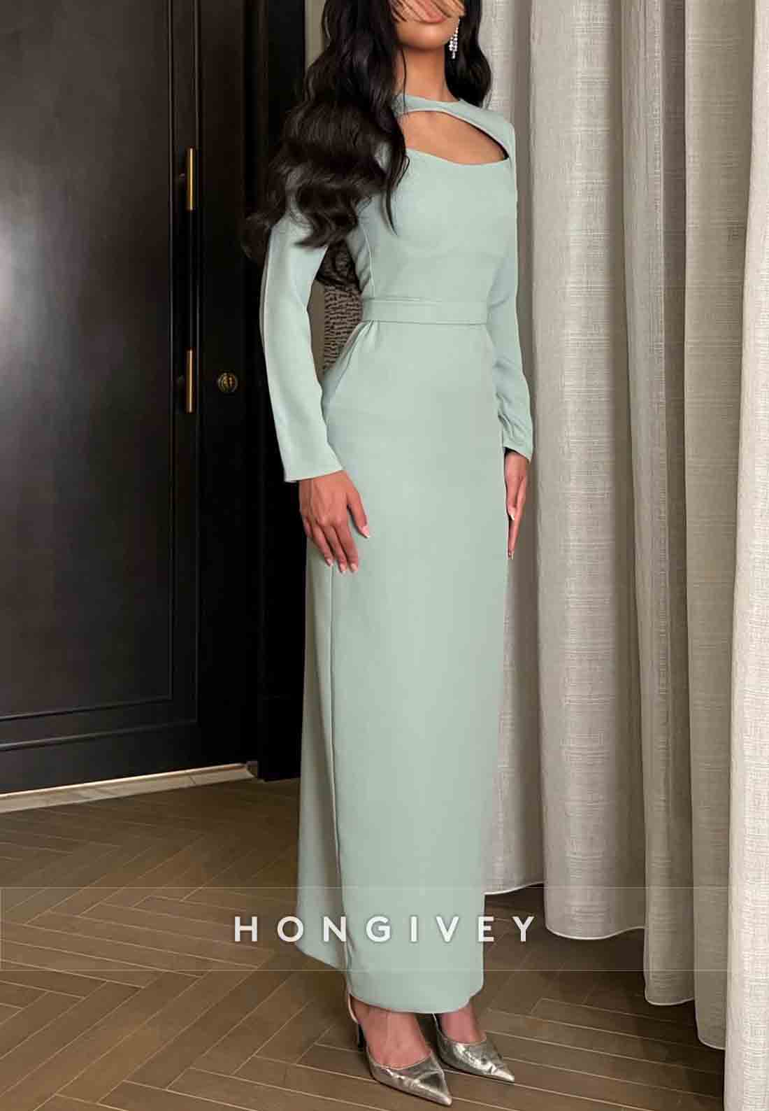 Long Sleeves Sage Ankle-Length Wedding Guest Column Evening Gowns