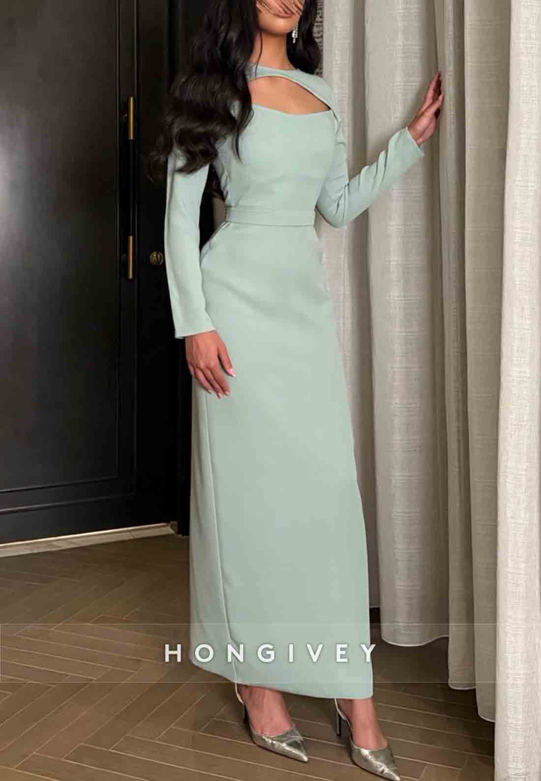 Long Sleeves Sage Ankle-Length Wedding Guest Column Evening Gowns