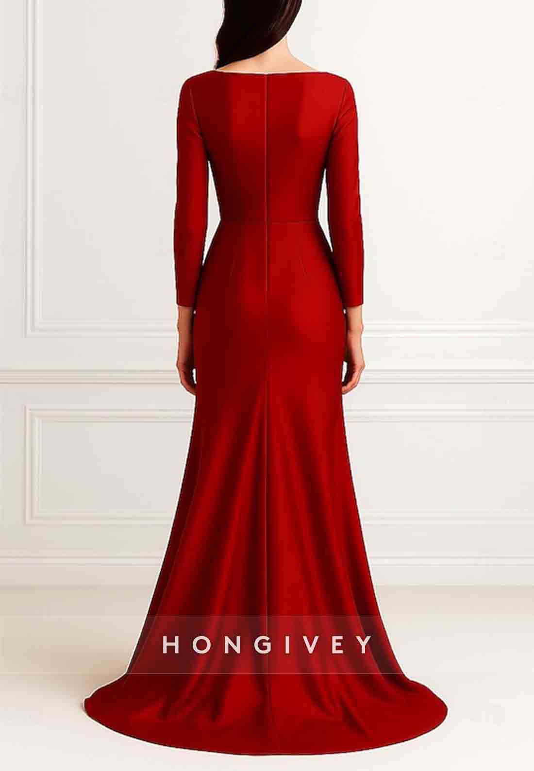 A-Line Evening Gown Formal Wedding Floor Length Long Sleeve Stretch Satin with Pleats Ruched