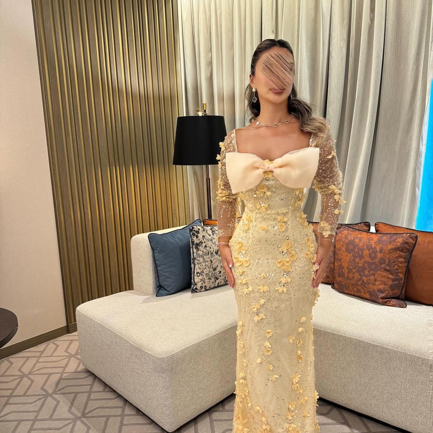 Yellow Square Lace Long Sleeve Flowers Bow Mermaid Prom Dress