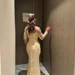 Yellow Square Lace Long Sleeve Flowers Bow Mermaid Prom Dress