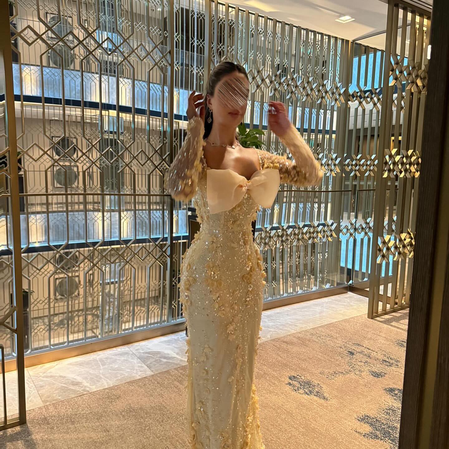 Yellow Square Lace Long Sleeve Flowers Bow Mermaid Prom Dress