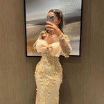 Yellow Square Lace Long Sleeve Flowers Bow Mermaid Prom Dress