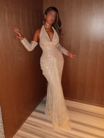 Detachable Long Sleeve Halter Sequins Sparkle Mermaid Evening Dress